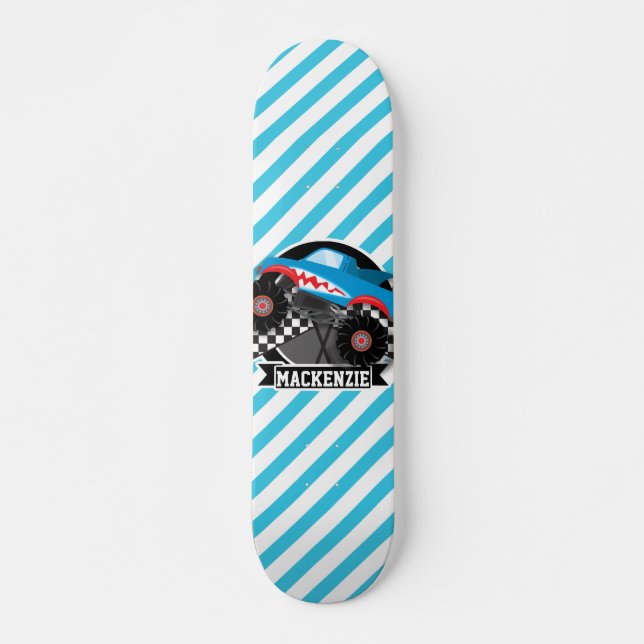 Skateboard Camion Monster de requin; Drapeau À damiers; Bleu (Devant)