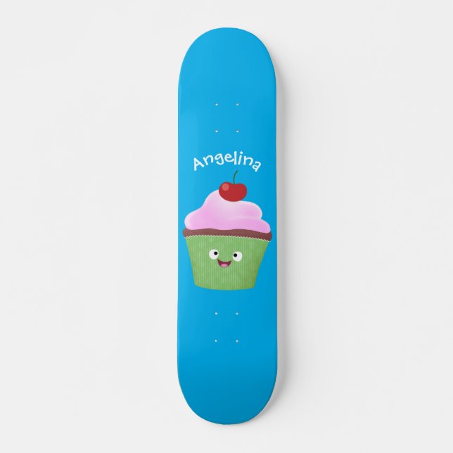 Skateboard Caricature de cupcake joyeux (Devant)