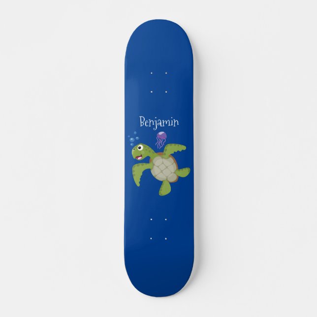Skateboard Caricature joyeuse de tortue de mer verte mignonne (Devant)