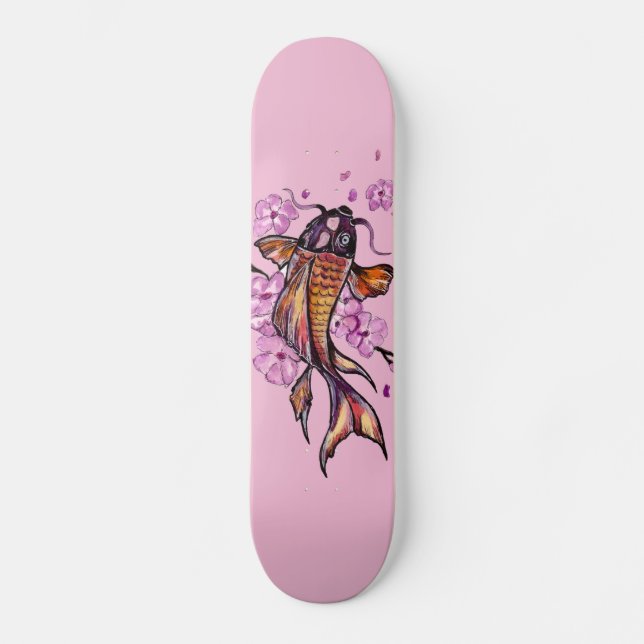 Skateboard Carpe d'or de Koi et fleurs roses (Recto)