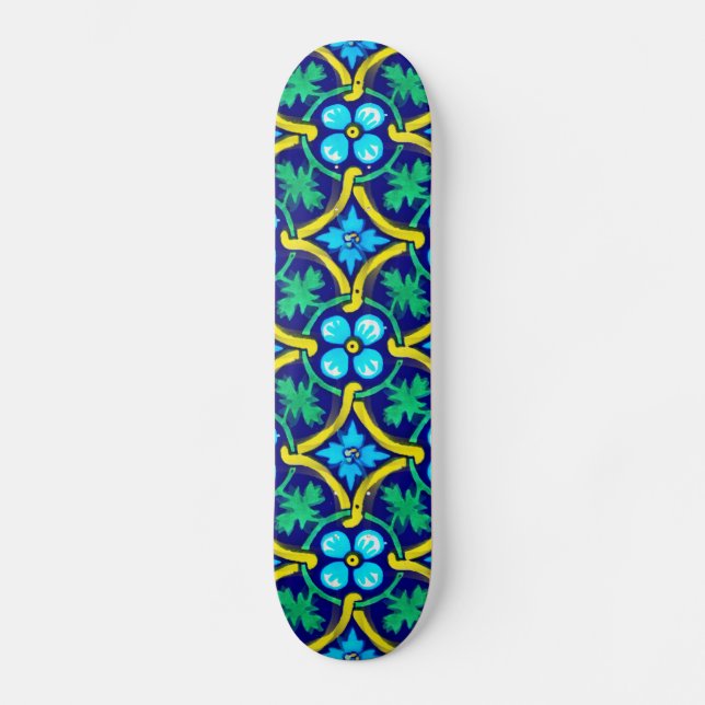 Skateboard Carrelage mexicain Design Turquoise jaune floral i (Recto)