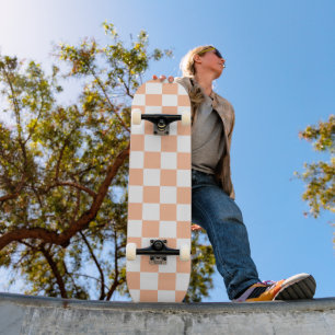 Skateboard Carrés à carreaux pêche orange blanc géométrique