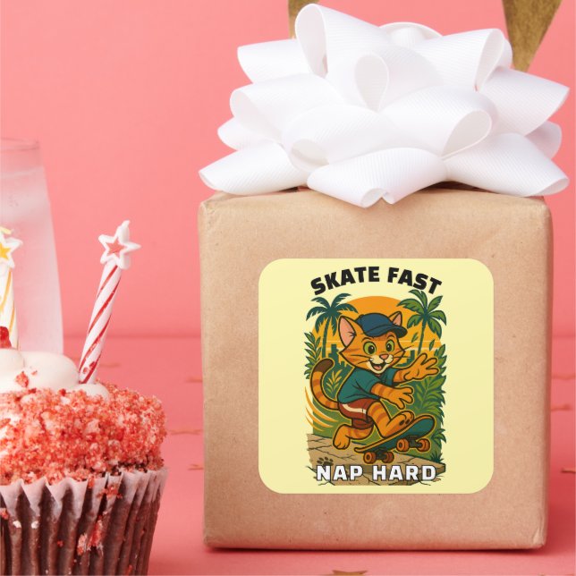 Skateboard cat square sticker (Party)
