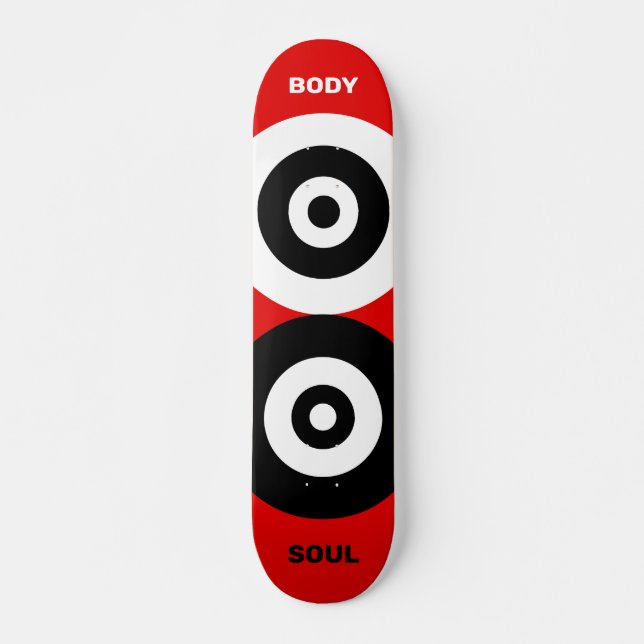Skateboard Cercles noirs et blancs Abstraits sur rouge (Devant)