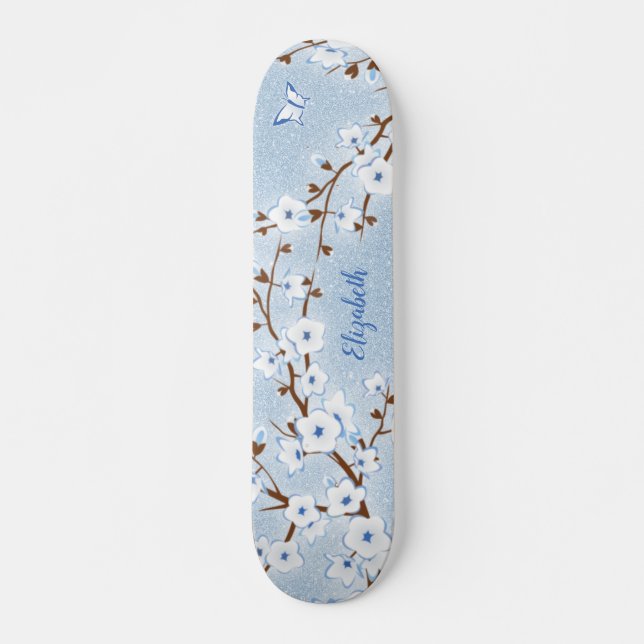 Skateboard Cerise Fleur Bleu Bleu Parties scintillant Nom Flo (Devant)