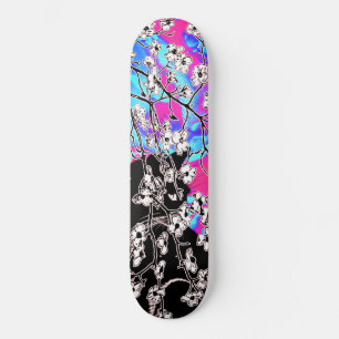 Skateboard Cerisier Fleur Chat noir Ciel Abstrait Bleu Floral