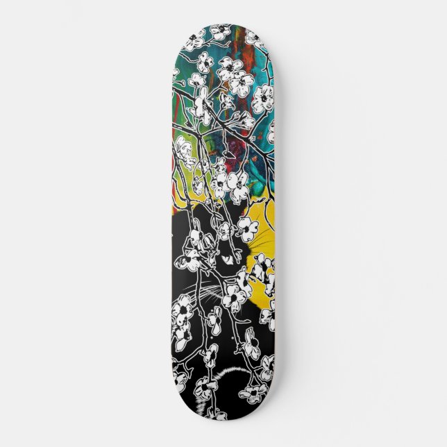 Skateboard Chat noir cerisier en fleur Abstrait floral (Recto)