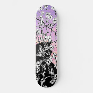 Skateboard Chat noir en fleurs de cerisiers ciel rose
