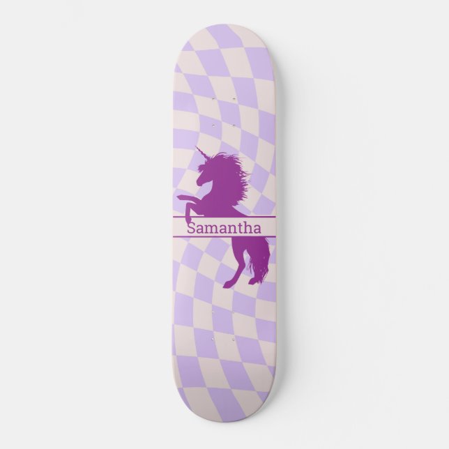 Skateboard Chequerboard Purple Unicorn  (Front)