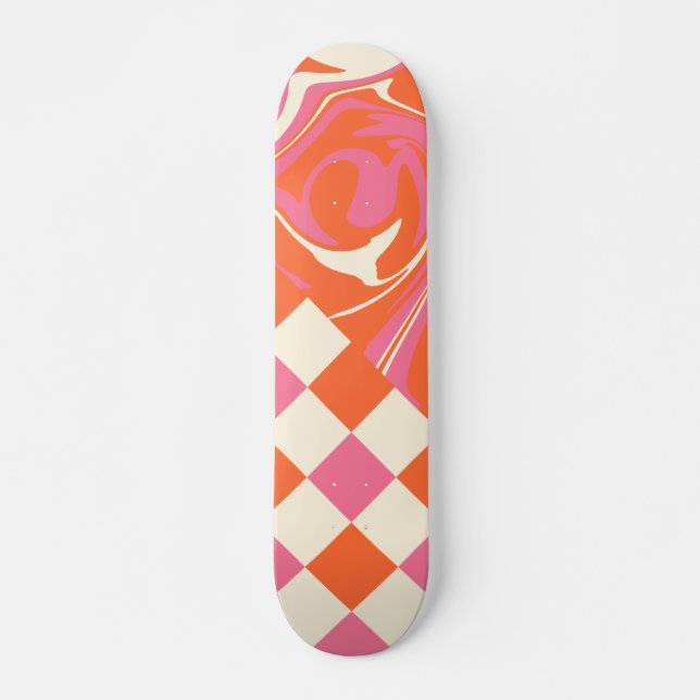 Skateboard Chèques et tourbillons - rose, orange et crème (Devant)