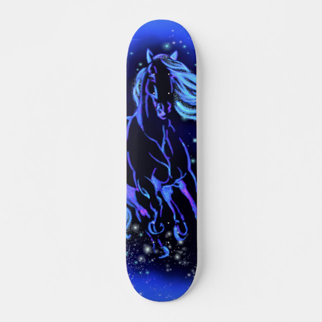 Skateboard Cheval Bleu Néon Couchant Au Lune Starry Night  (Devant)