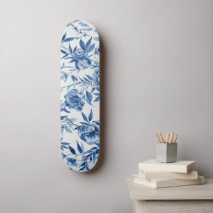 Skateboard Chinoiserie bleue florale botanique à l'aquarelle