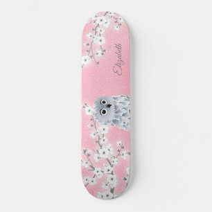 Skateboard Chouette Parties scintillant rose cerisier fleurs 
