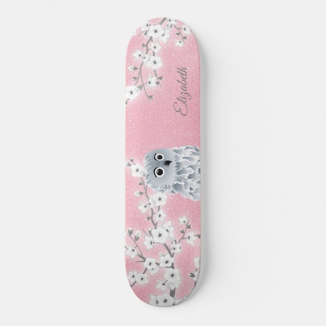 Skateboard Chouette Parties scintillant rose cerisier fleurs  (Recto)