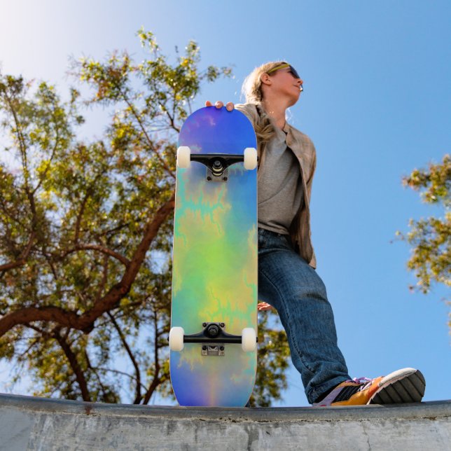 Skateboard Ciel bleu et boulons de foudre jaune doré (Extérieur 1)