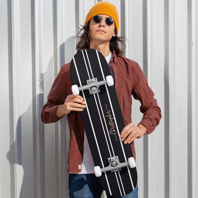 Skateboard Classic Black White Stripes Cool Patinage Monogram (Classic Black White Stripes Cool Skater Monogram Skateboard)