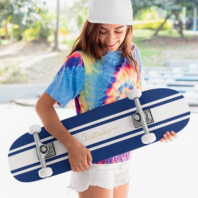 Skateboard Classic Blue White Racing Stripes Gold Monogrammed (Classic Blue White Racing Stripes Gold Monogrammed Skateboard)