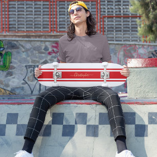 Skateboard Classic White Red Racing Stripes Gold Monogrammed