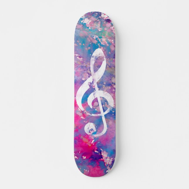 Skateboard Clef triple d'aquarelle de peinture de note bleue (Devant)