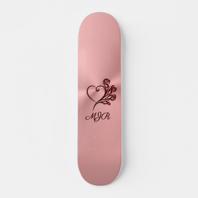 Skateboard Coeur gothique et roses en or rose avec Monogramme (Devant)