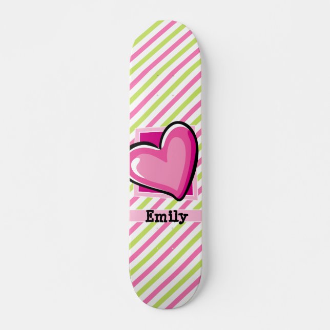 Skateboard Coeur mignon sur les rayures rose et vert citron (Devant)
