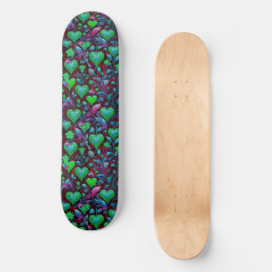 Skateboard Coeur vert néon et floral pourpre