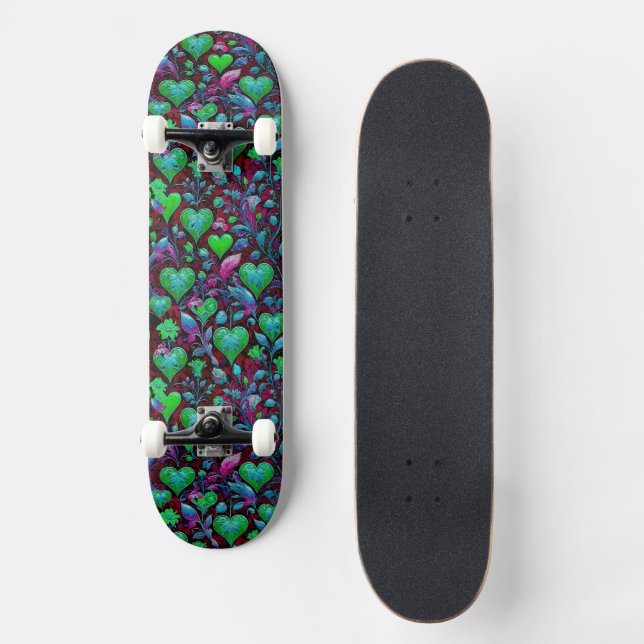 Skateboard Coeur vert néon et floral pourpre (Recto)