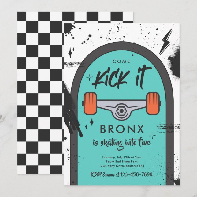 Skateboard Come Kick It Urban Sport Birthday Party Invitation (Front/Back)