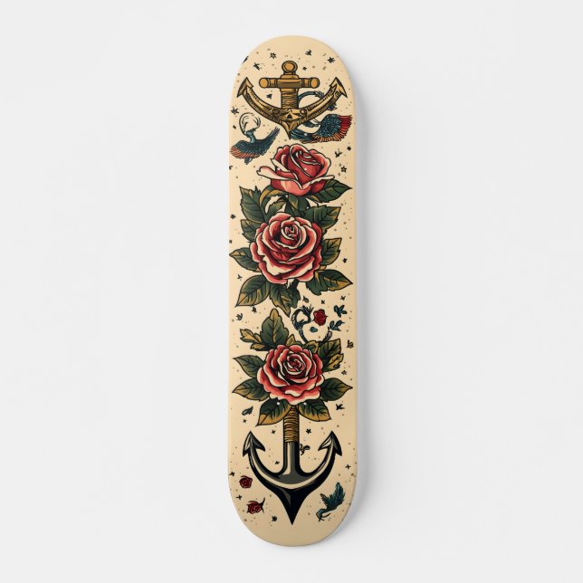 Skateboard Conception traditionnelle de tatouage, Ancre, Rose (Devant)