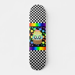 Skateboard Cône de glace arc-en-ciel kawaii damier