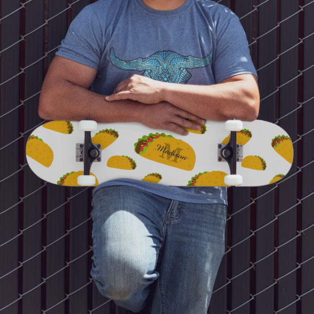Skateboard Cool et amusant yummy taco motif Monogramme blanc (Extérieur 3)