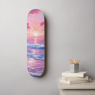 Skateboard Coucher de soleil océanique rose vague aquarelle