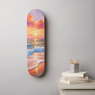 Skateboard Coucher de soleil pastel sur l'océan   Peinture co