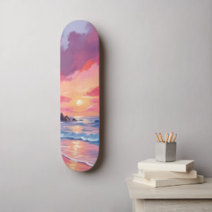Skateboard Coucher de soleil rose océan plage vagues aquarell