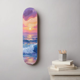 Skateboard Coucher de soleil rose violet   Aquarelle reflets 