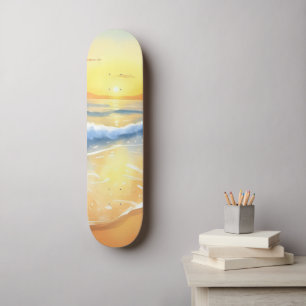 Skateboard Coucher de soleil sur les vagues de l'océan   Aqua