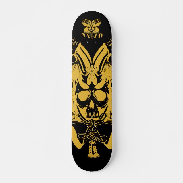 Skateboard Couleur samouraï de noir d'or de crâne (Devant)