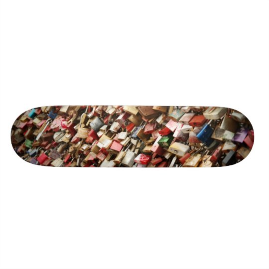 Skateboard covered with coloured locks design
