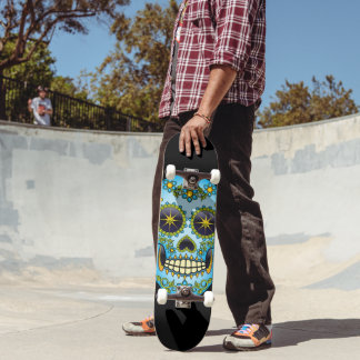 Skateboard Crâne à sucre bleu floral