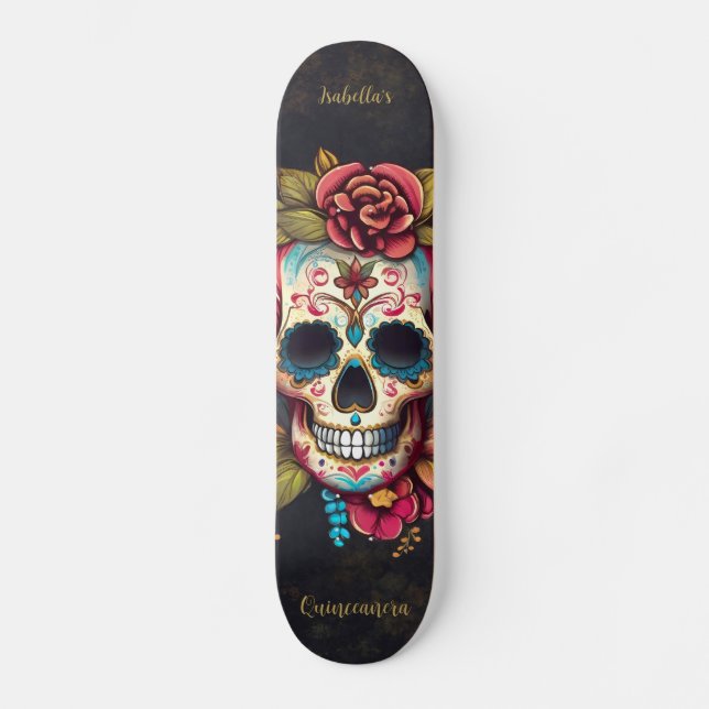 Skateboard Crâne à sucre floral Quinceanera Anniversaire (Recto)