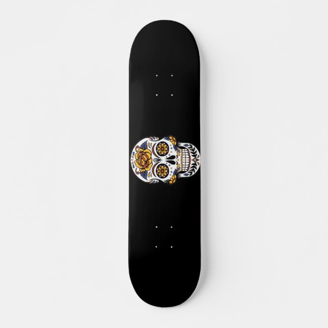 Skateboard Crâne à sucre rose jaune sur noir (Devant)
