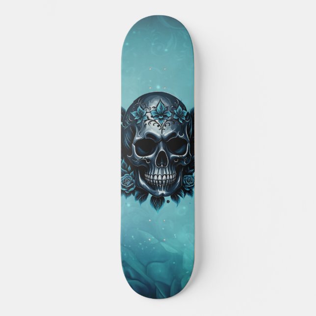 Skateboard Crâne bleu foncé avec roses. (Recto)