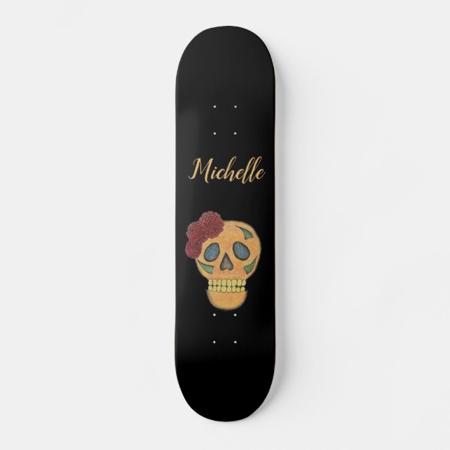 Skateboard Crâne coloré Flore Typographie personnalisée Noir (Recto)