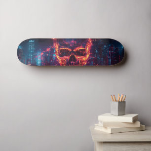 Skateboard Crâne Cyberpunk futuriste avec paysage urbain
