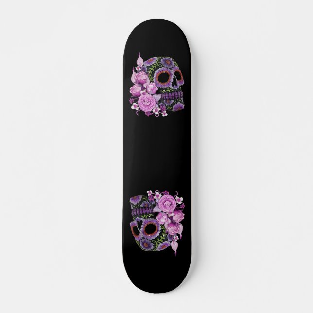 Skateboard Crâne de sucre rose floral noir Jour des morts (Devant)
