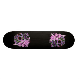 Skateboard Crâne de sucre rose floral noir Jour des morts