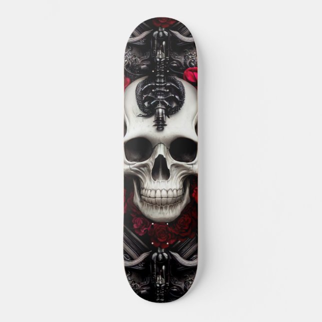 Skateboard Crâne foncé et gothique et Rose (Recto)