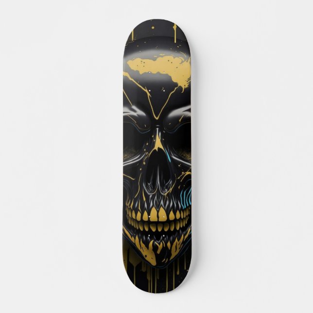 Skateboard Crâne noir et or - conception de crânes numériques (Devant)