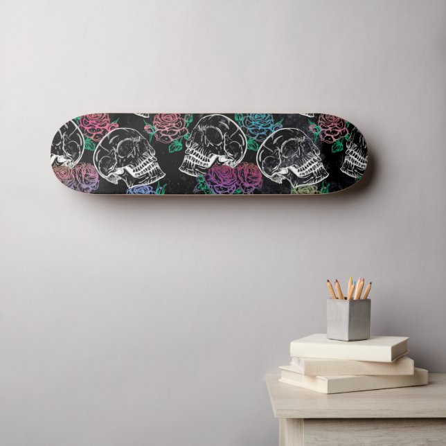 Skateboard Crâne sucre Roses roses | Glam Grunge Gothique Fil (Art mural (Horz))