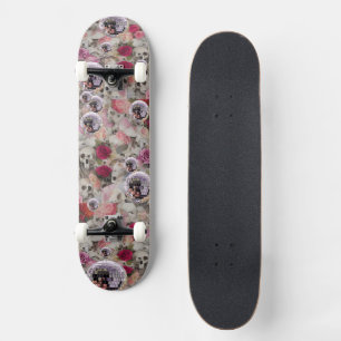 Skateboard Crânes Roses et Boules de Disco Roses